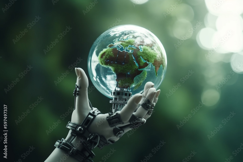 globe and tree in robotic hand as environment and nature. Generative AI ...