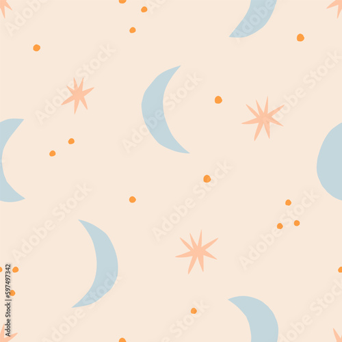 Abstract night sky seamless pattern. Hand drawn Crescent and Stars vector texture. Celestial background in retro style