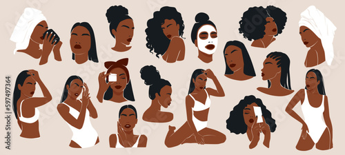 Woman Vector Illustration Set. Beautiful Girls Dark Skin. Modern Female Collection.