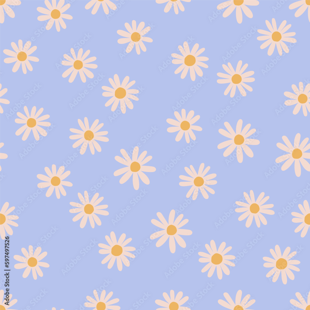 Abstract floral texture with hand drawn Daisy Flowers. Vector seamless pattern with cute little flowers. Spring bloom background