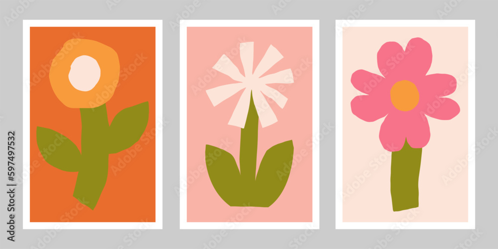 Wall Art - set of three posters with Flowers. Vector Floral illustration. Poster collection with cutout Flowers. Printable Home Decor