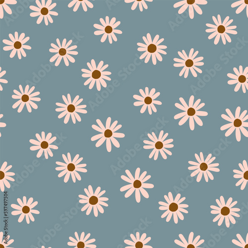 Abstract floral texture with hand drawn Daisy Flowers. Vector seamless pattern with cute little flowers. Spring bloom background