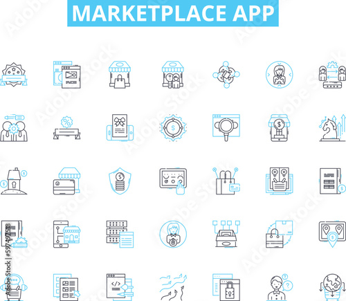 Marketplace app linear icons set. Commerce, Transaction, Buying, Selling, Platform, Trade, Exchange line vector and concept signs. Community,Share,Listings outline illustrations