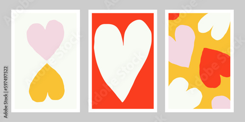 Wall Art - set of three posters with Hearts. Vector Romantic illustration. Poster collection with cutout heart. Printable Home Decor