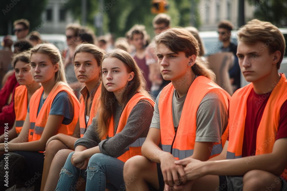 demonstrating protesting young people on the street and block the street, warning vests. Generative AI demonstrating protesting young people on the street and block the street, warning vests. Generative AI