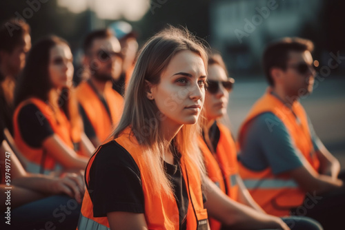 demonstrating protesting young people on the street and block the street, warning vests. Generative AI