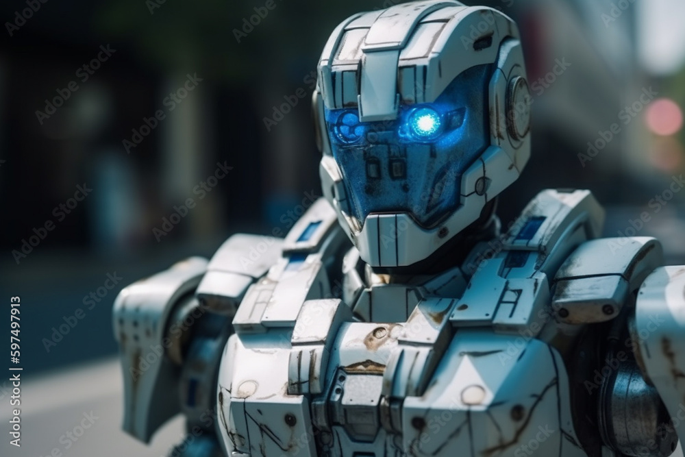 robot policeman stands in observation position in a city on a street. Generative AI robot policeman stands in observation position in a city on a street. Generative AI