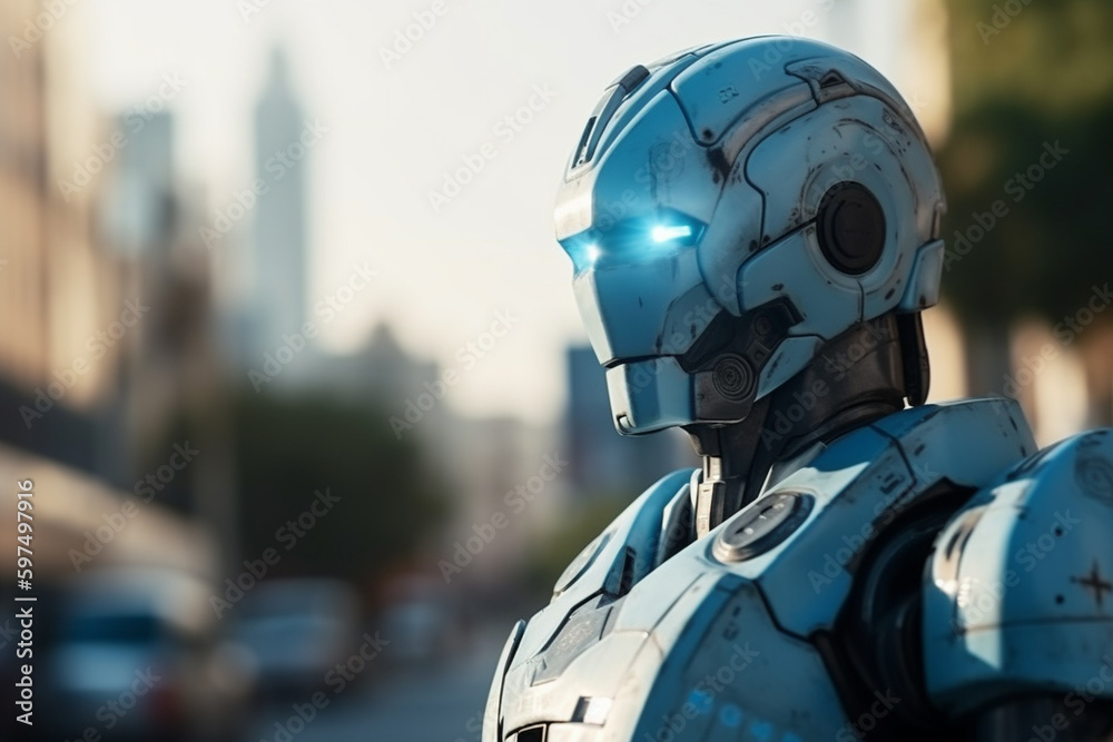 robot policeman stands in observation position in a city on a street. Generative AI
