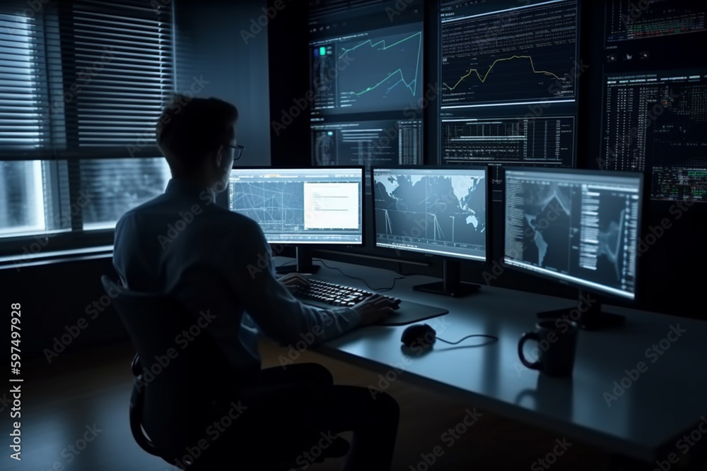 analyst uses a computer and screens. Generative AI analyst uses a computer and screens. Generative AI