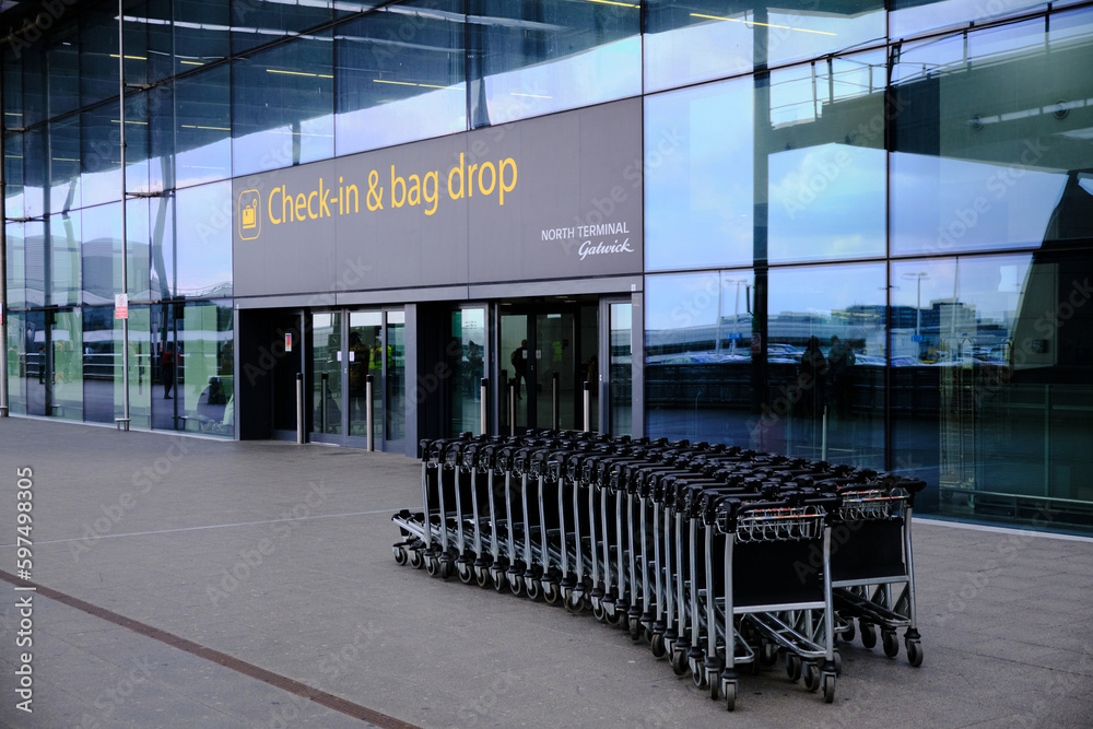 Gatwick Airport, London, United Kingdom April 24 2023. Entrance to check in and bag drop. Line