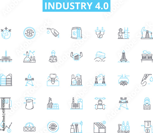 Industry 4.0 linear icons set. Automation, Robotics, Interconnectivity, Big Data, AI, Augmented Reality, Smart Factories line vector and concept signs. Machine Learning,Smart Manufacturing