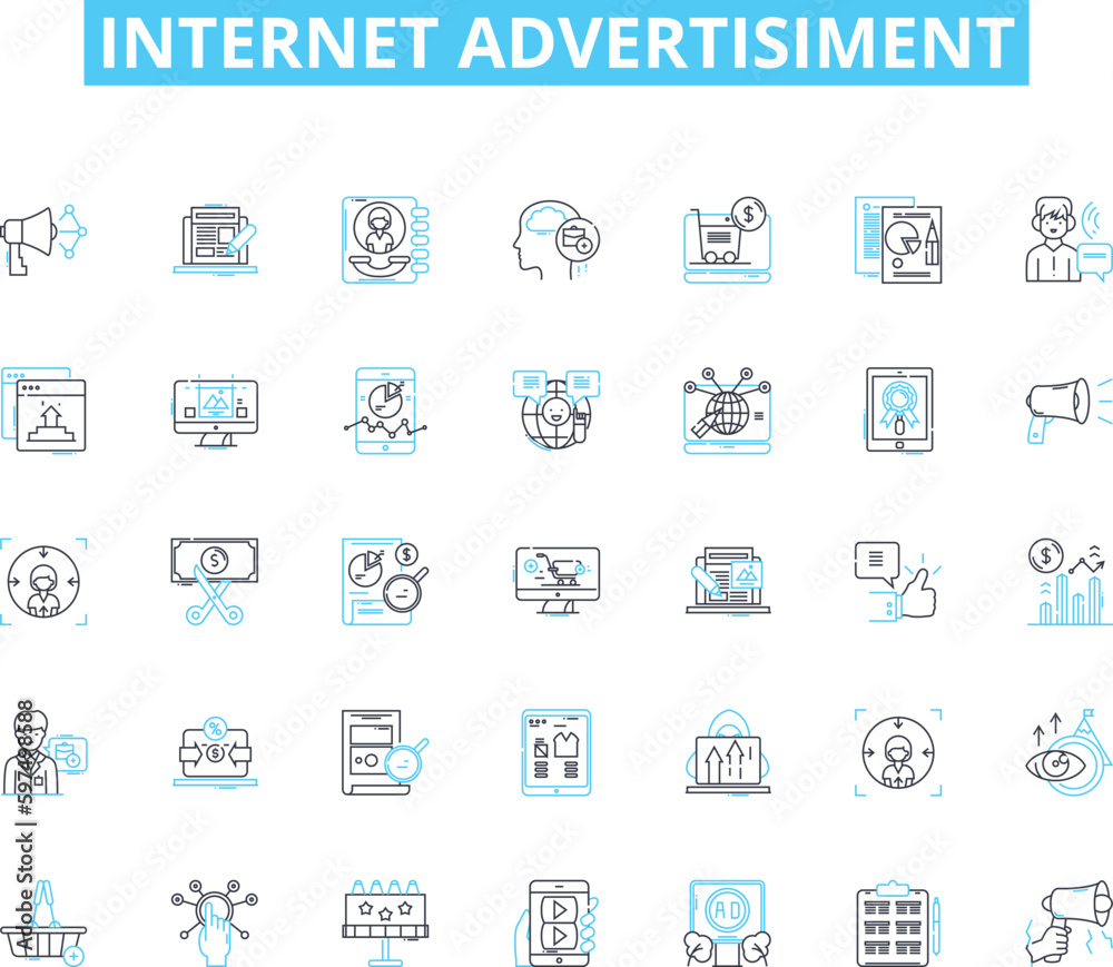 Internet advertisiment linear icons set. Banner, Click, Conversion, Cost, CPM, CPC, CPA line vector and concept signs. Campaign,Clickbait,Content outline illustrations Internet advertisiment linear icons set. Banner, Click, Conversion, Cost, CPM, CPC, CPA line vector and concept signs. Campaign,Clickbait,Content outline illustrations