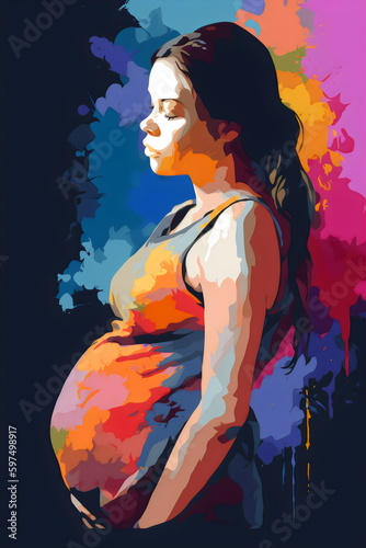 content pregnant woman with hand on belly colorful painting, made with generative ai