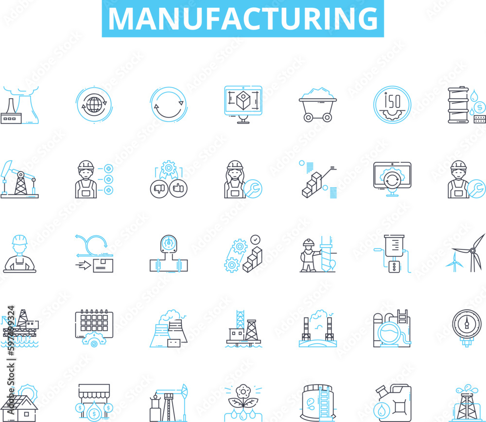Manufacturing linear icons set. Production, Assembly, Fabrication, Automation, Machining, Casting, Molding line vector and concept signs. Extrusion,Quality,Inventory outline illustrations