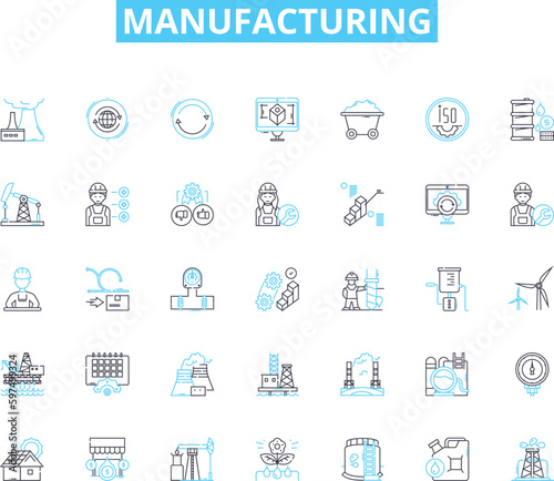 Manufacturing linear icons set. Production, Assembly, Fabrication, Automation, Machining, Casting, Molding line vector and concept signs. Extrusion,Quality,Inventory outline illustrations