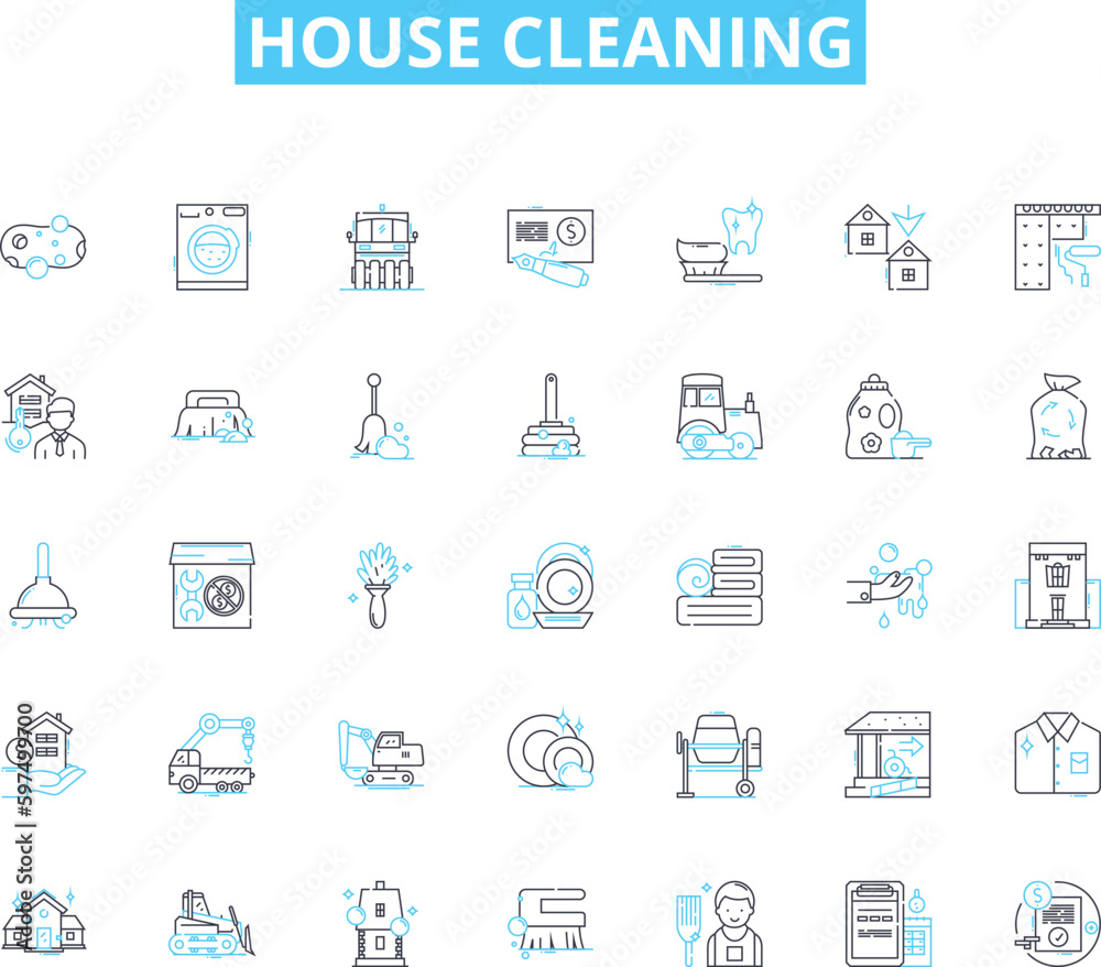 House cleaning linear icons set. Sweep, Mop, Vacuum, Dust, Scrub, Sanitize, Tidy line vector and concept signs. Polish,Disinfect,Wipe outline illustrations