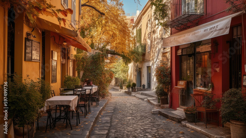 a charming street with cafes in the old town. Generative AI © jr-art