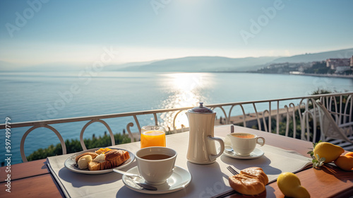 delicious breakfast with coffee and rolls by the sea. Generative AI