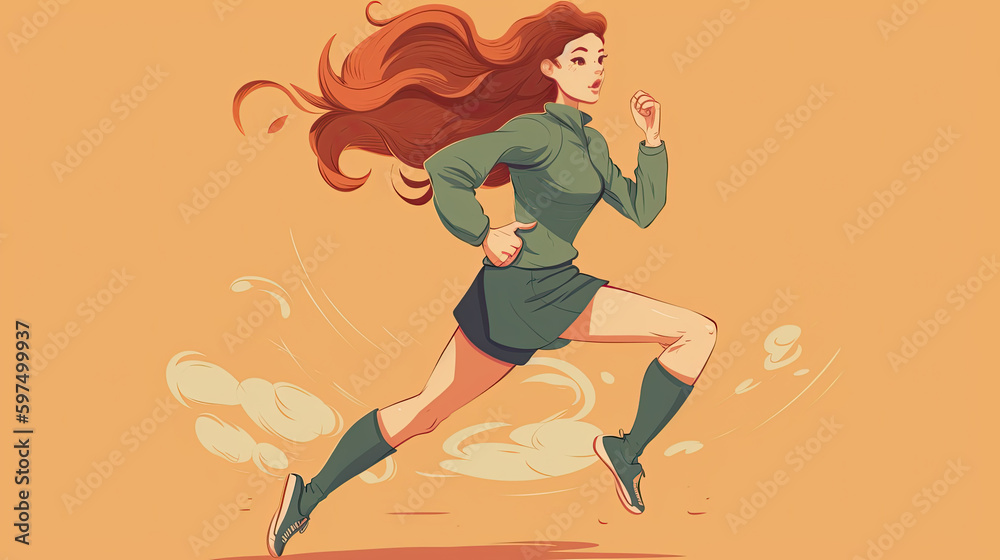 illustration of a sporty young woman who is jogging. Generative AI