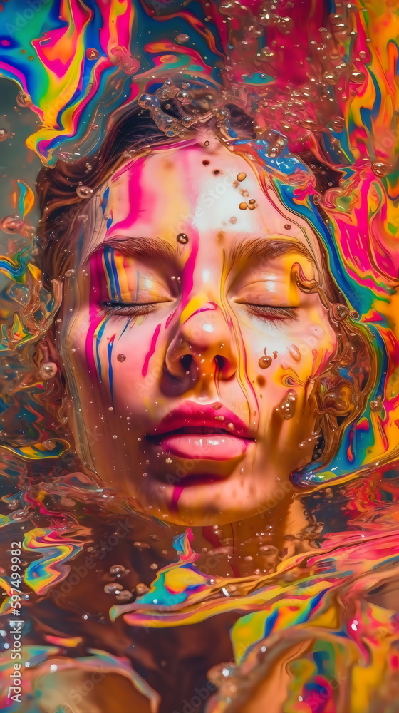abstract portrait of relaxing, calm woman underwater with paint colors, water ripples and sunlight painting, made with generative ai