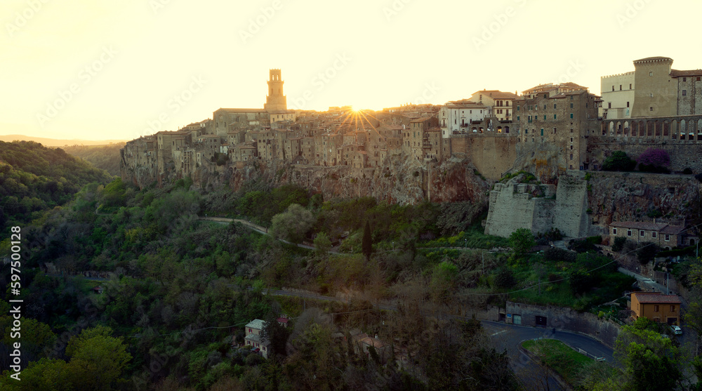 Panorama of Pitigliano town at sunset, Tuscany, Italy