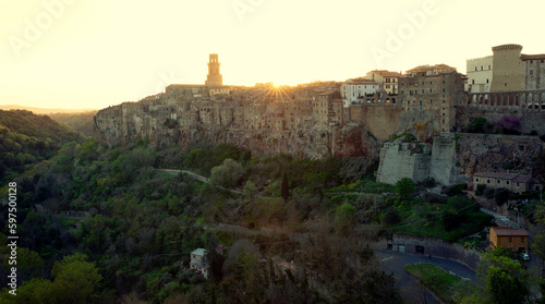Panorama of Pitigliano town at sunset, Tuscany, Italy