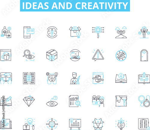 Ideas and creativity linear icons set. Ingenuity, Innovation, Imagination, Resourcefulness, Conceptualization, Invention, Brainstorm line vector and concept signs. Inspiration,Visionary