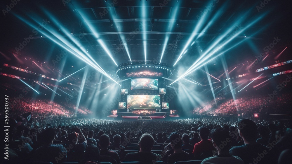 E-sports arena, filled with cheering fans and colorful LED lights. Players compete on a large stage in front of a massive screen displaying the game. Generative AI - obrazy, fototapety, plakaty 
