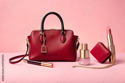 Flat lay with fashion accesories, woman bag, lipstick in red color isolated on pastel background
