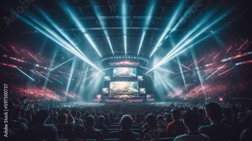 E-sports arena, filled with cheering fans and colorful LED lights. Players compete on a large stage in front of a massive screen displaying the game. Generative AI photo