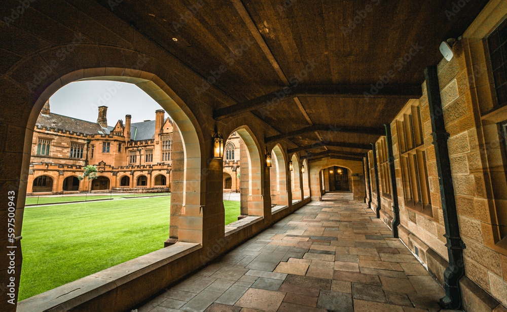 The views of the historic corridor inside of the University of Sydney Quadrangle