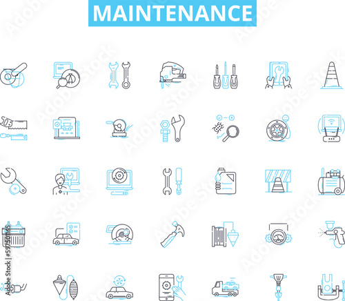 Maintenance linear icons set. Repair, Cleaning, Upkeep, Servicing, Inspection, Lubrication, Checking line vector and concept signs. Care,Tuning,Replacement outline illustrations