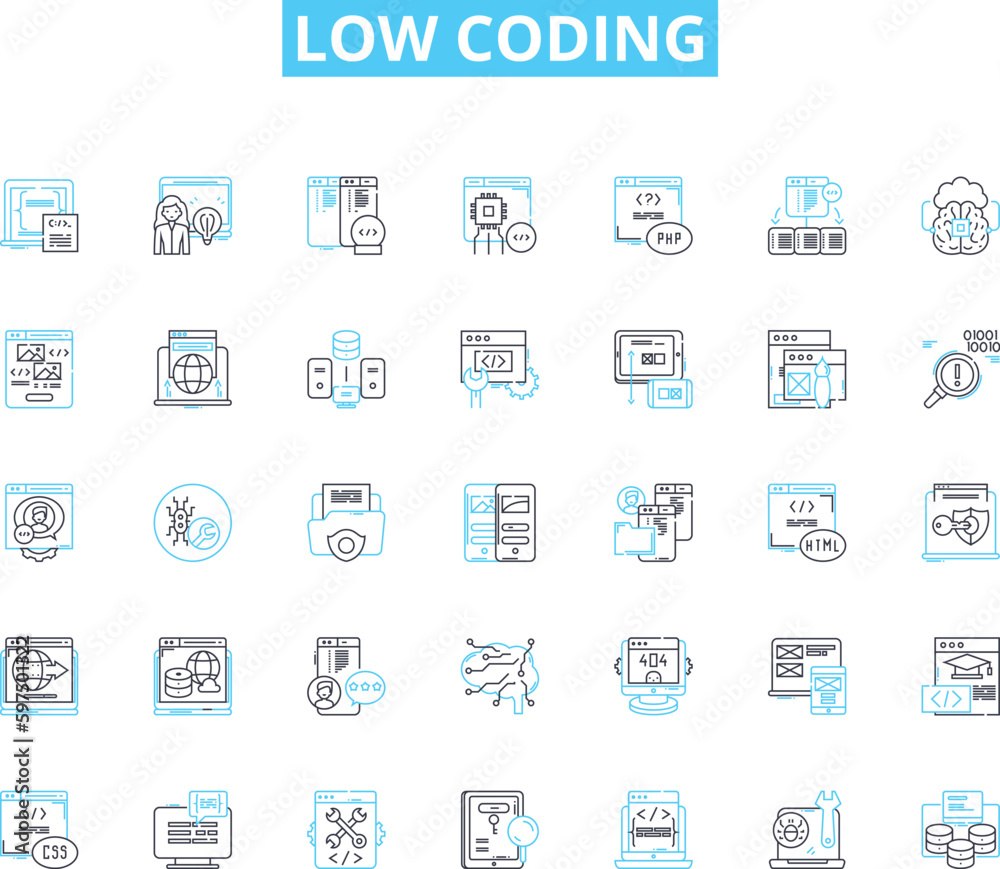 Low coding linear icons set. Simplify, Efficiency, Intuitive, Agile, Rapid, Streamline, Productivity line vector and concept signs. Automate,Scalable,Flexibility outline illustrations