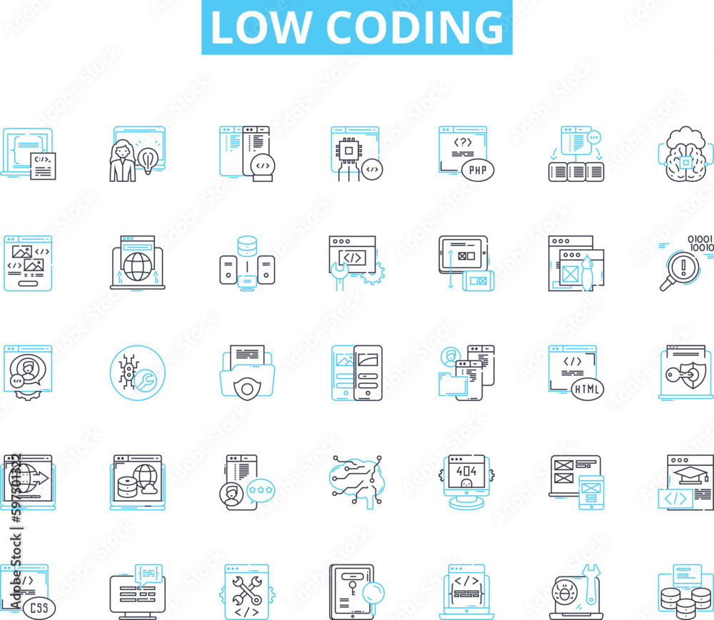 Low coding linear icons set. Simplify, Efficiency, Intuitive, Agile, Rapid, Streamline, Productivity line vector and concept signs. Automate,Scalable,Flexibility outline illustrations Low coding linear icons set. Simplify, Efficiency, Intuitive, Agile, Rapid, Streamline, Productivity line vector and concept signs. Automate,Scalable,Flexibility outline illustrations