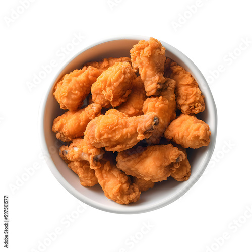 tasty fried chicken wings in a bucket, plate, top view, from above shot, isolated, generative ai