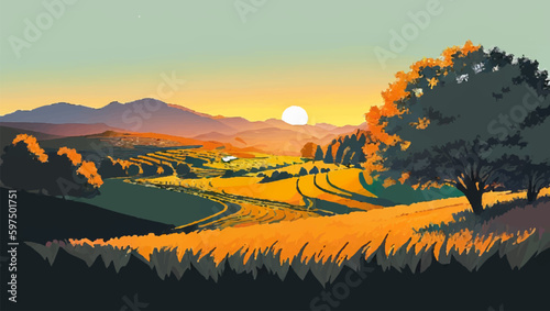 Rural landscape with fields and trees at sunset. Vector illustration.