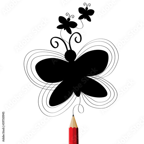 Red pencil with abstract speech butterfly and education icons