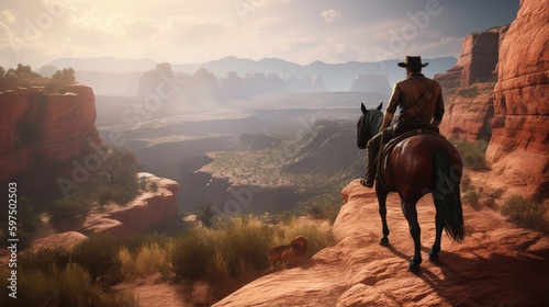 Cowboy on horseback  landscape with canyons  wild west concept. Generative AI