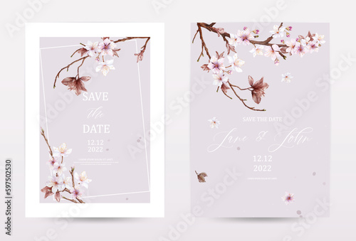 Watercolor cherry blossoms invitation viva magenta template cards set