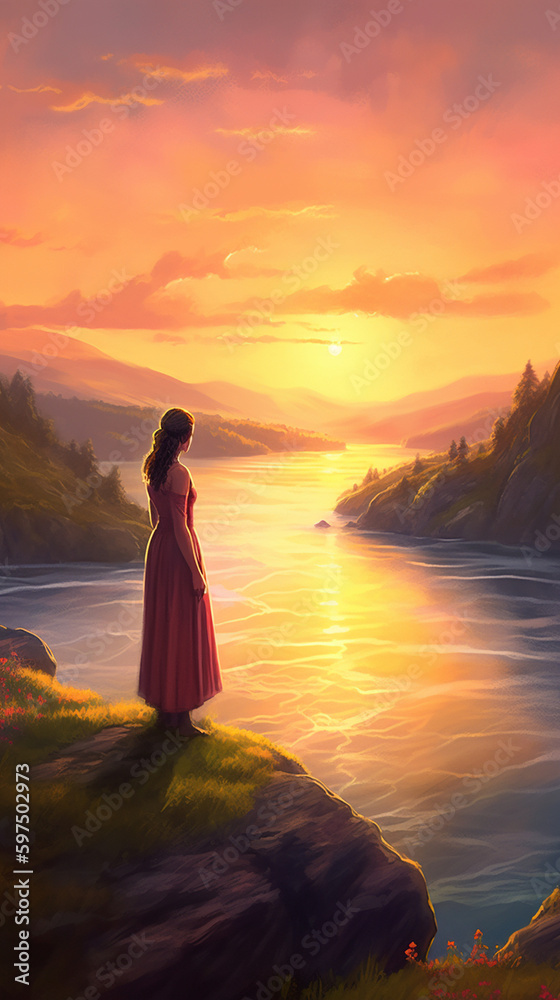 Meditative Dreamscapes: Inspiring Serene Solitude in an Ethereal Peaceful Seaside Landscape Sunrise Sky Golden Hour & Clouds Landscape. Solo Traveler Woman on the Edge Looking at Sunset. Generative AI