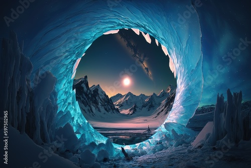 Landscape with mystical ice portal, aurora borealis, mountains and glaciers in the background, fantasy concept. Generative AI