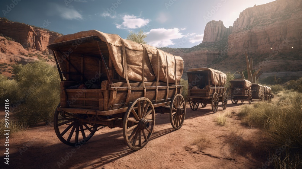 Old wagon in the middle of canyons, landscape, wild west concept. Generative AI