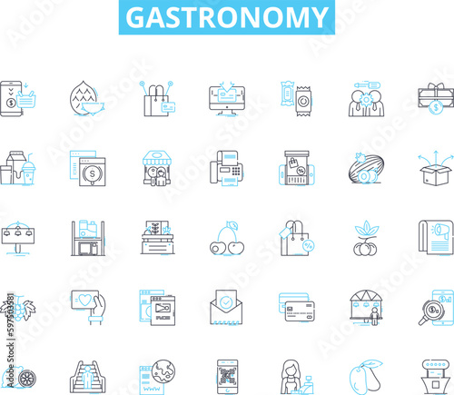 Gastronomy linear icons set. Cuisine, Food, Culinary, Gourmet, Savory, Delicious, Flavorful line vector and concept signs. Tasty,Palatable,Mouthwatering outline illustrations Generative AI