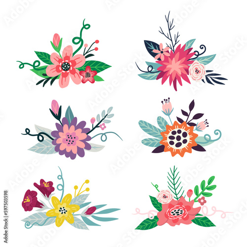 Floral collection with leaves, flower bouquets. Vector flowers. Spring art print with botanical elements. Folklore style.