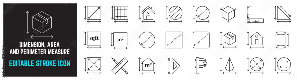 Dimension, area, perimeter, measurement, size editable stroke