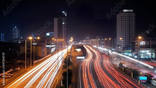Street traffic in the night city. Office skyscraper buildings and busy traffic on highway road with blurred cars light trails.