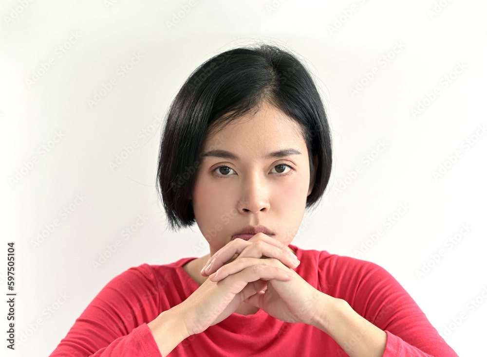 Asian woman sitting and thinking, isolated on white background Asian woman sitting and thinking, isolated on white background