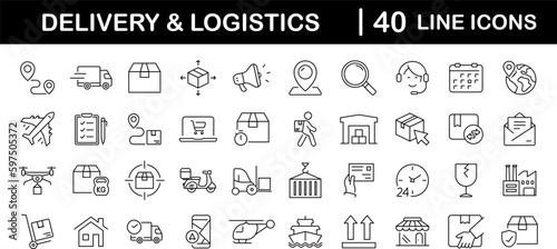 Delivery and Logistic set of web icons in line style. Shipping service icons for web and mobile app. Shipping, logistics, delivery, courier, tracking, refunds and more. Vector illustration