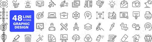 Graphic Design set of web icons in line style. Graphic design icons for web and mobile app. Digital art, creativity, tools, drawing, portfolio, creative process. Vector illustration