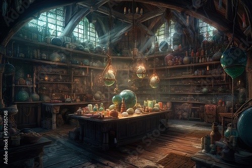 Witch house, Gothic architecture, Cauldrin, Crystal Ball, Cluttered with relics and magic items, Potions, Brooms, Spell books illustration generative ai photo